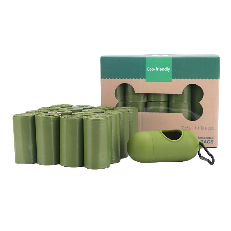 Eco-friendly biodegradable pet waste bags with a green dispenser, convenient for responsible and environmentally friendly pet waste disposal.