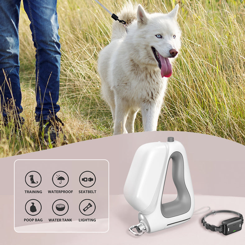 Retractable dog leash with built-in waste bag dispenser and supplies for convenient pet walking and training.