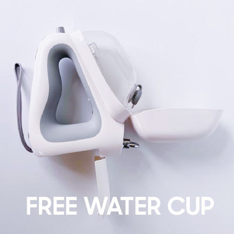 Portable white pet water cup with free foldable drinking bowl for on-the-go hydration